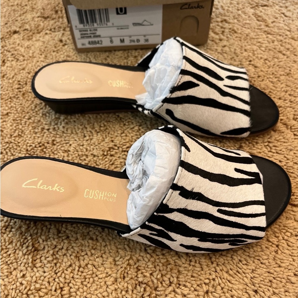 Clarks Black and White Zebra Print Mules